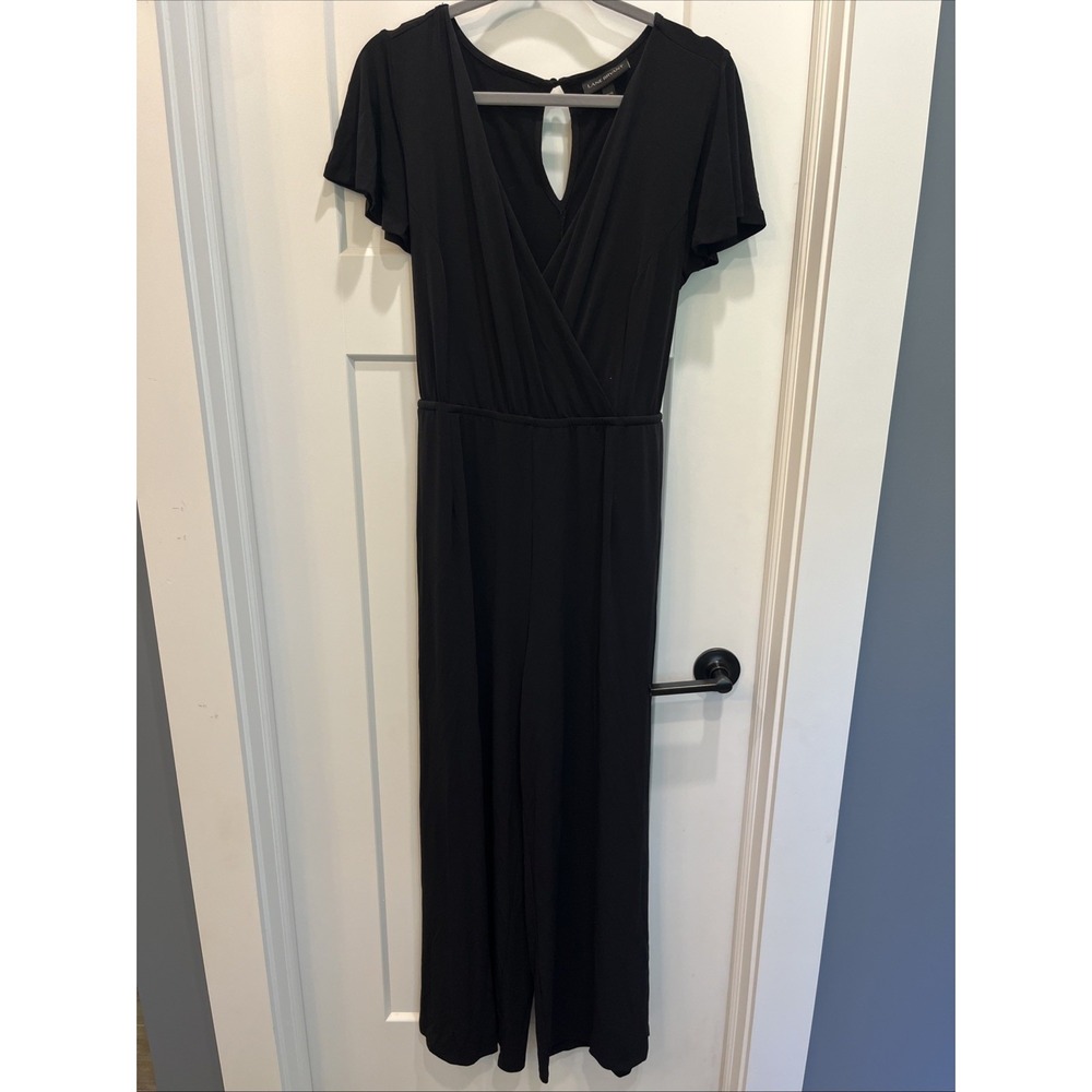 Lane Bryant Women's Size 14/16 Solid Black Flutter-Sleeves Jumpsuit Wrap V Neck